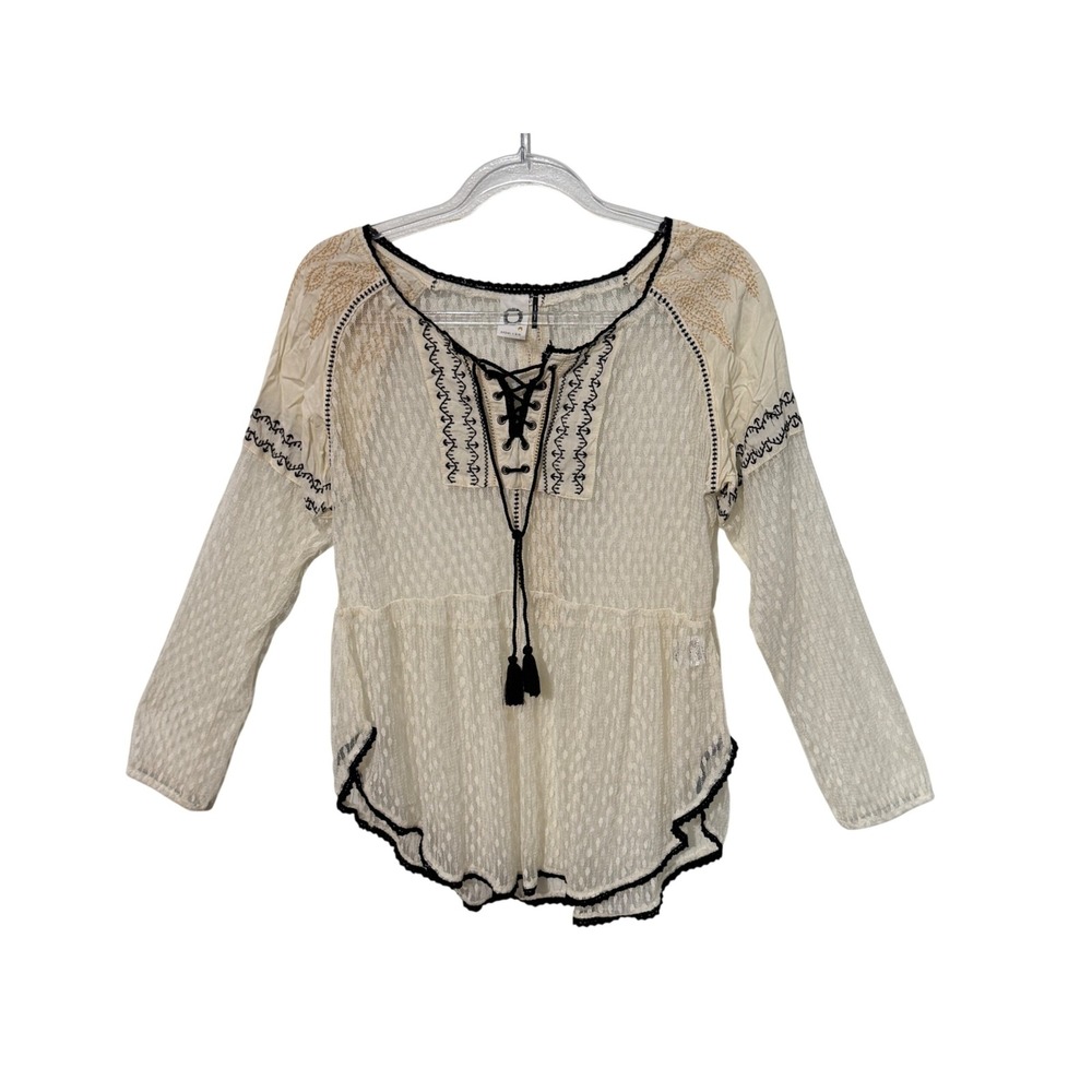 Akemi + Kin Peasant Top Womens Small Cream Embroidered Lace Up Boho Blouse